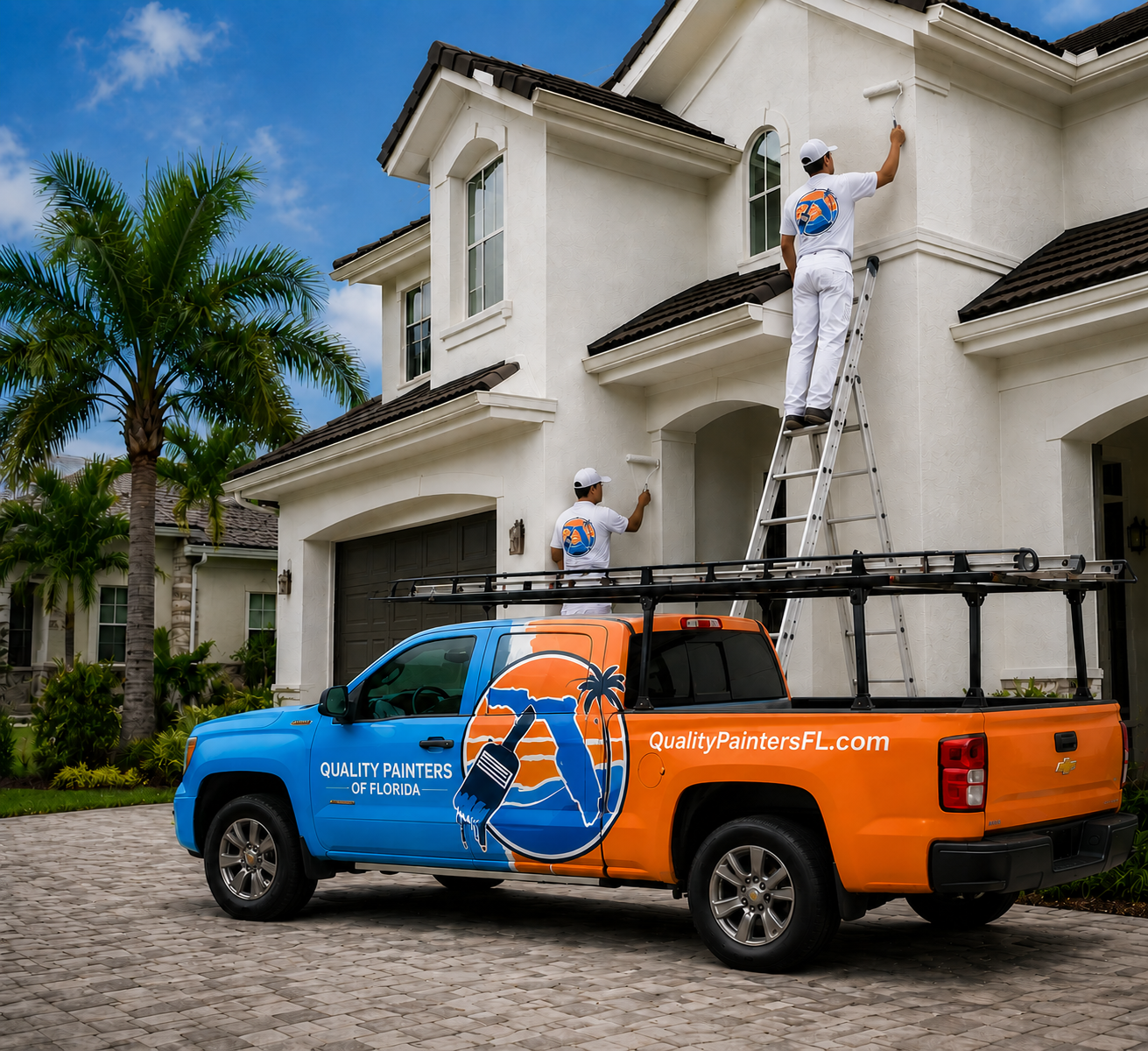 Quality Painters of Florida crew painting a Florida home beside their branded truck